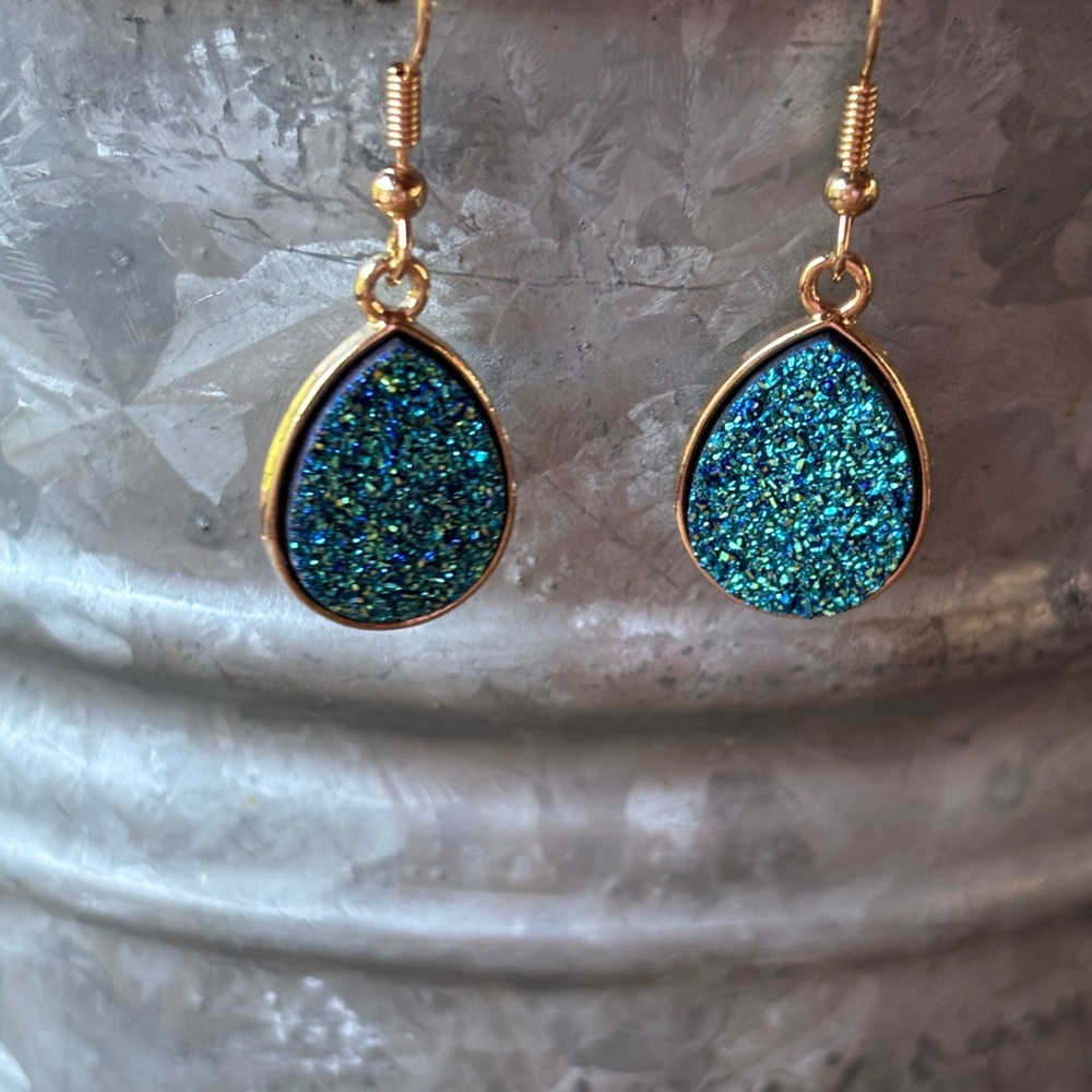 Gold and Blue Glitter Teardrop Earrings Druzy